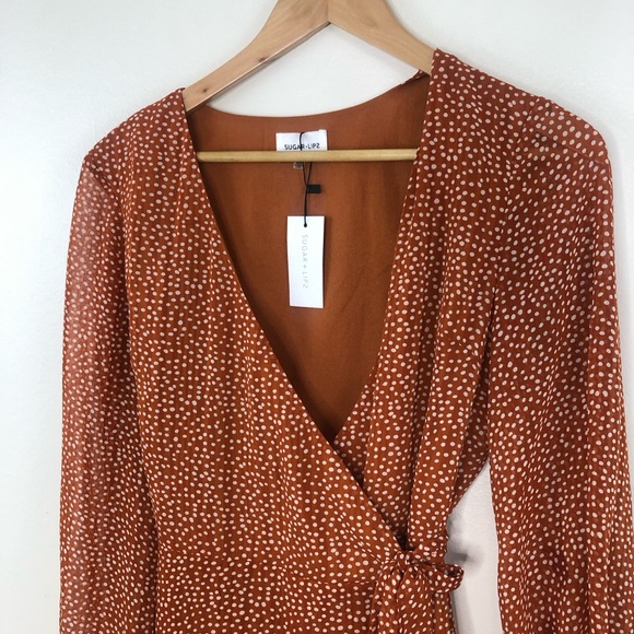 NWT Sugar lips Burnt orange white polka dot wrap dress size xs - Picture 3 of 14